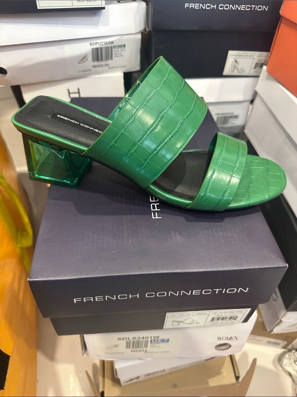 French Connection Green Croc-Embossed Two-Band Slide Mule